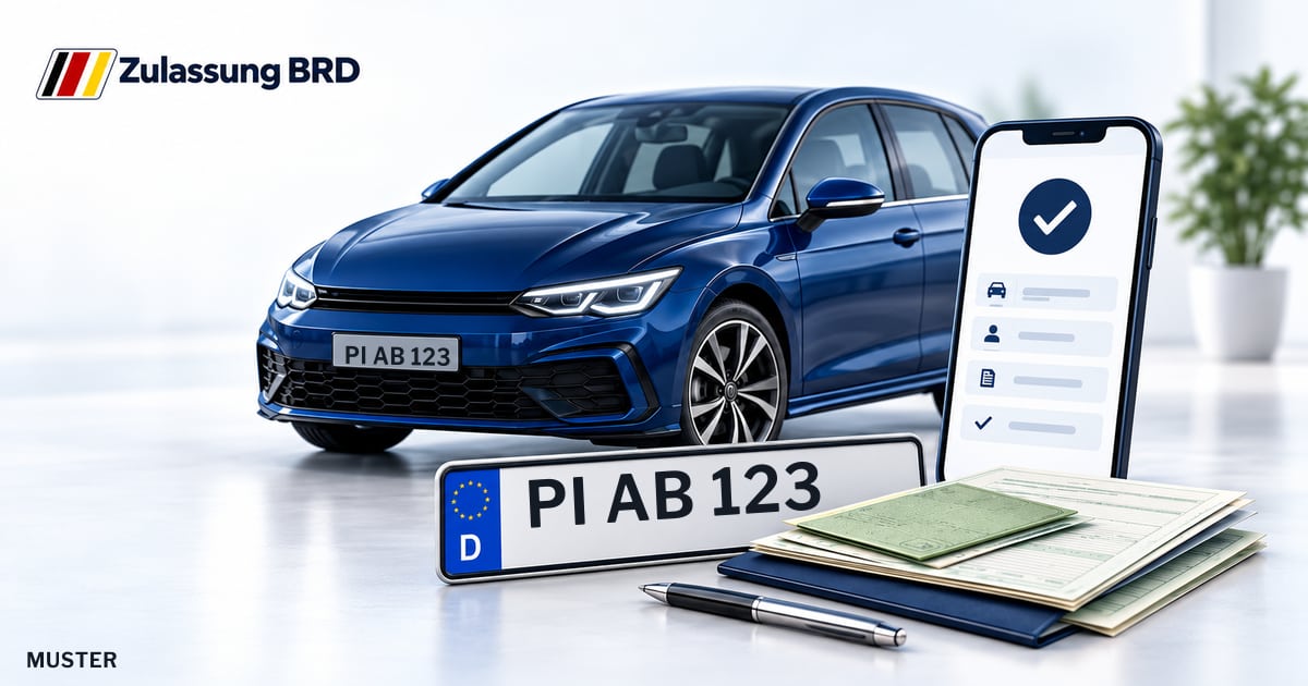 Online Fahrzeugzulassung in Landkreis Pinneberg: Musterkennzeichen PI AB 123, Auto und Fahrzeugpapiere und Smartphone. Illustration mit Logo von Zulassung BRD.